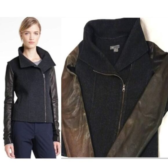 Vince WOOL LEATHER Moto Jacket Sz XS Gray Brown Funnel Neck Grunge Distress Goth